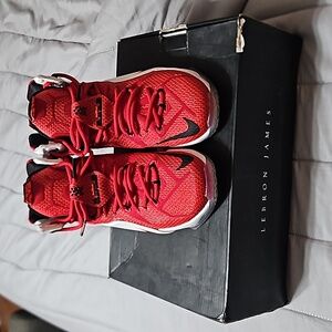Red and white 8.5 lebron James 12 great shoes and want them to go to a good home